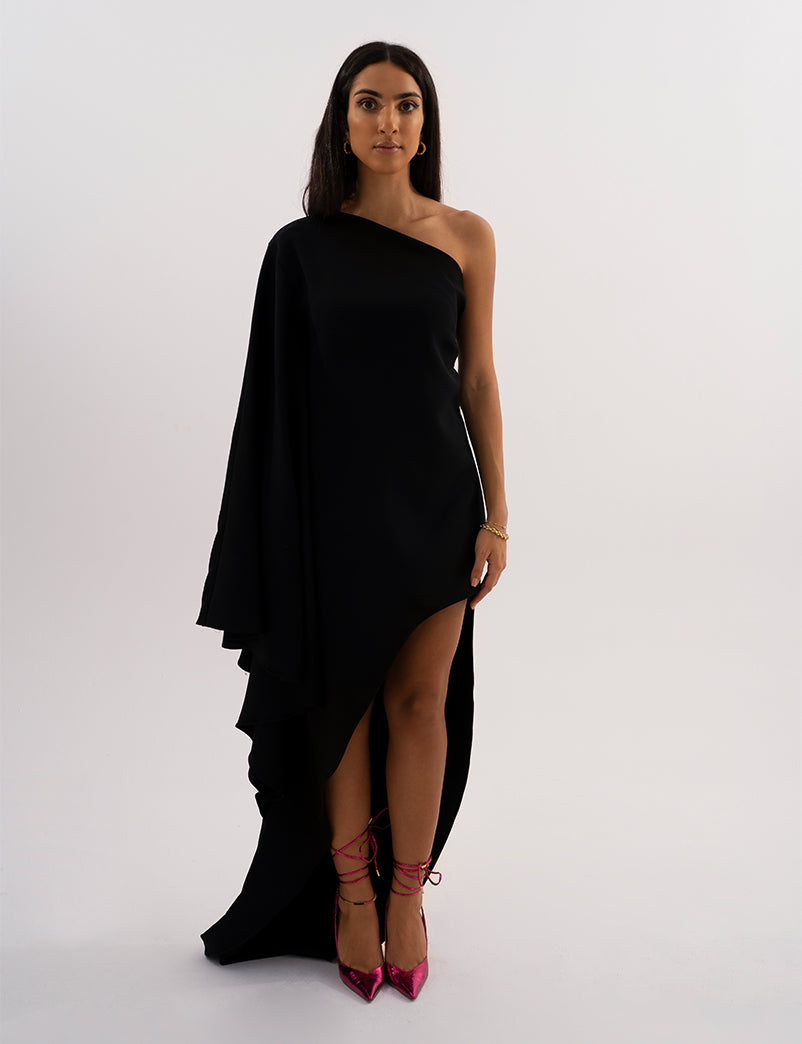 One Shoulder Long Sleeve Prom Dress With Side Cutout | Faviana